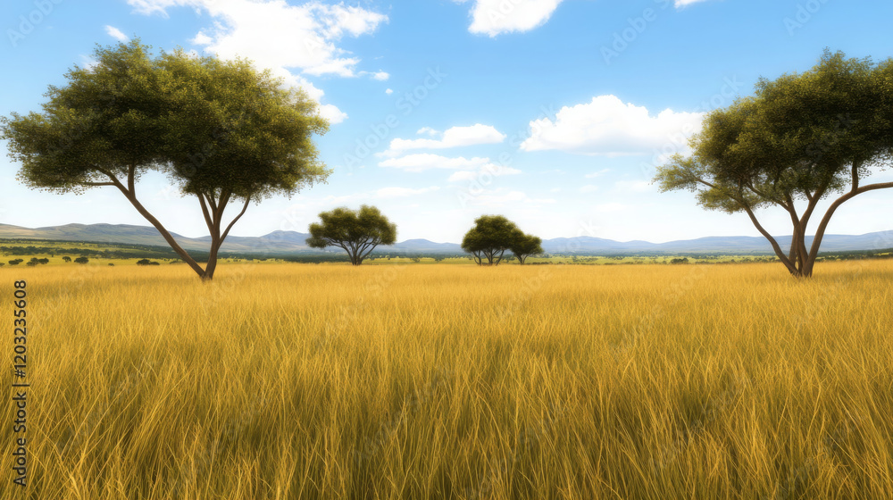 Wide open savanna with acacia trees and tall grass under blue sky. landscape evokes sense of tranquility and natural beauty, showcasing vibrant colors of nature Wide open savanna with acacia trees and tall grass under blue sky. landscape evokes sense of tranquility and natural beauty, showcasing vibrant colors of nature