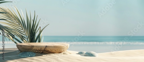 A podium composed of stone and tree wood with a genuine sandy beach backdrop that is perfect for displaying product designs, Generative Ai.