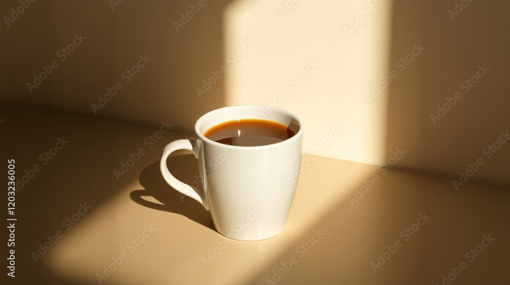 Warm and minimalist photograph of a coffee cup standing on a surface illuminated by sunlight Warm and minimalist photograph of a coffee cup standing on a surface illuminated by sunlight