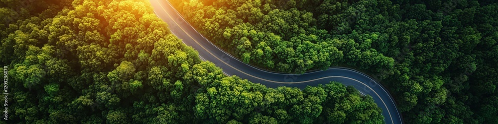 Winding Road Through Lush Forest: An aerial view captures a scenic road winding its way through a dense, vibrant green forest, bathed in the golden light of the setting sun.