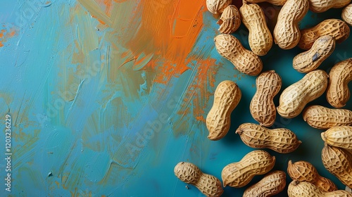 A vibrantly painted background with dried peanuts is featured in a copy space image, Generative Ai.