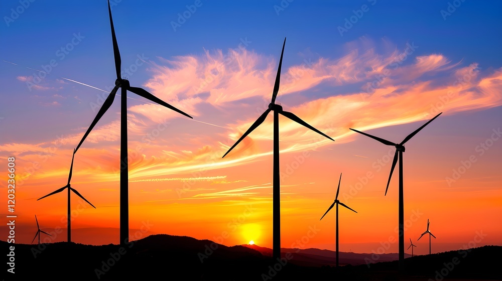 Silhouette of multiple wind turbines against a dramatic sunset sky. Silhouette of multiple wind turbines against a dramatic sunset sky.