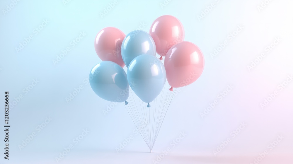 A bouquet of 3D-rendered pastel balloons in soft tones of blue and pink, floating gently on white A bouquet of 3D-rendered pastel balloons in soft tones of blue and pink, floating gently on white