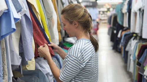 Woman is choosing shirts at a mass market store photo