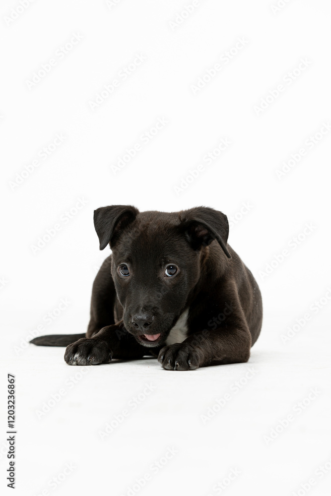 An Adorable Black Puppy Joyfully Playing on a White Background in Delightful Moments An Adorable Black Puppy Joyfully Playing on a White Background in Delightful Moments
