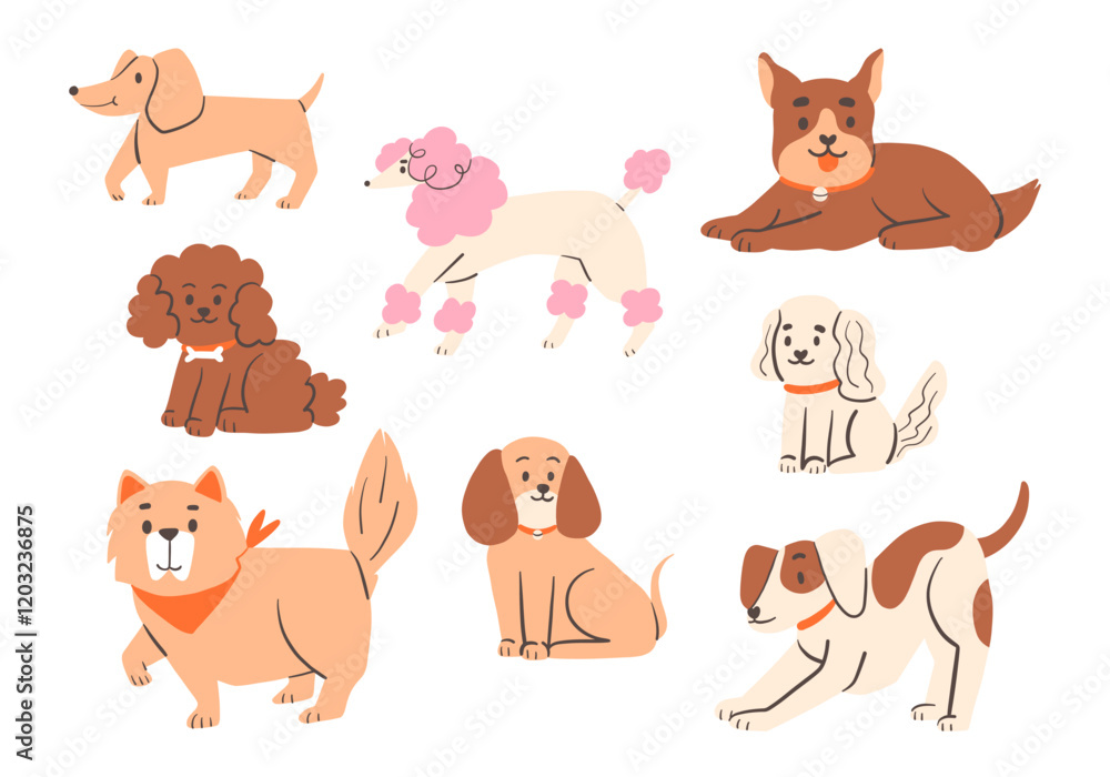 Obraz premium Playful and Calm Dog Illustration Set. A collection of eight dog illustrations featuring breeds like dachshund, and beagle in playful and relaxed poses. Perfect for pet and animal-themed designs