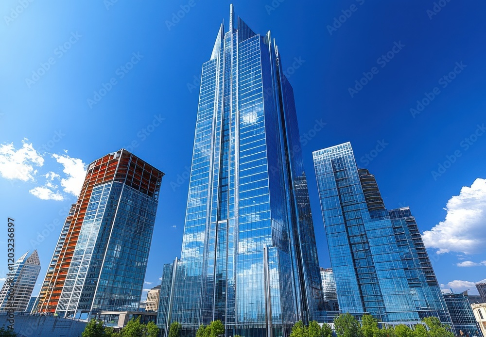Fototapeta premium Modern Architectural Marvels in a Urban Landscape with Clear Blue Sky and Reflections on Glass Facades Showcasing Innovative Design and Construction Techniques