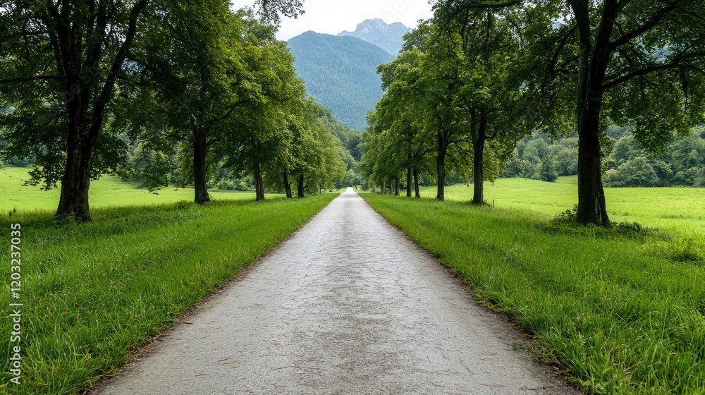 Serene country road lined with trees leading to mountains. Perfect for travel brochures Serene country road lined with trees leading to mountains. Perfect for travel brochures