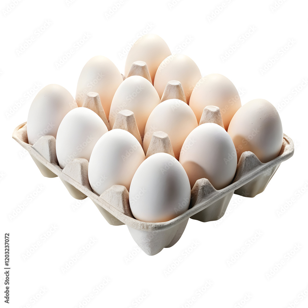 A Dozen Fresh Eggs: A carton of twelve pristine white eggs sits ready for use, showcasing their perfect form and promising delicious possibilities. A Dozen Fresh Eggs: A carton of twelve pristine white eggs sits ready for use, showcasing their perfect form and promising delicious possibilities.