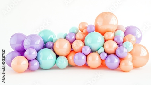 A cheerful cluster of pastel balloons in shades of mint, peach, and lavender, arranged playfully, on a white background