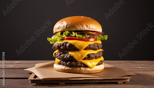 Triple-Decker Burger: Juicy Patties, Melted Cheese, Rustic Still Life photo