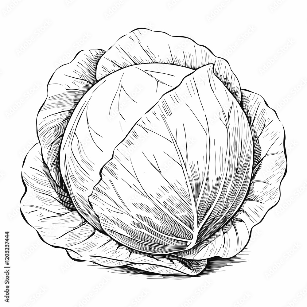 Whole cabbage in black and white line art illustration