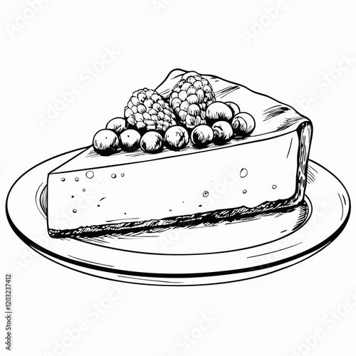 Cheesecake slice with berries in black and white line art