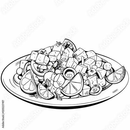 Vegetable salad on a plate in black and white line art