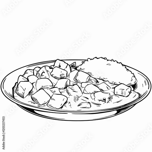 Plate of curry and rice in black and white line art
