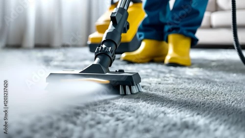 Professional cleaning of carpet with a steam cleaner and yellow boots in a bright environment.