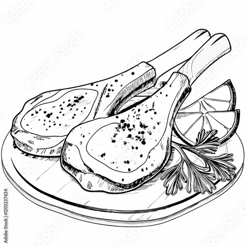 Hand-drawn lamb chops on a plate with garnish