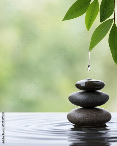 Zen vibes radiating from balanced stones, flowing water, and a serene glow of meditation in soft calm tones