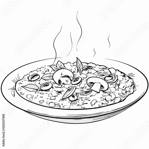 Bowl of risotto with vegetables illustration in sketch style