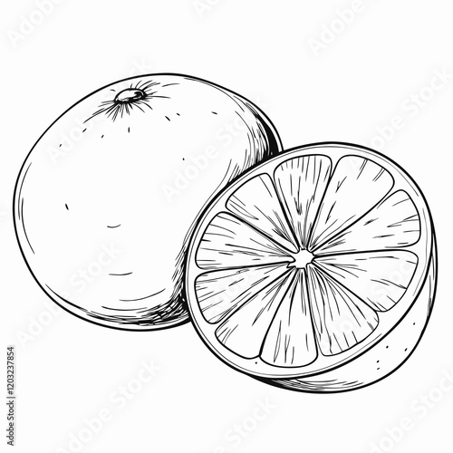 Black and white illustration of whole and sliced orange
