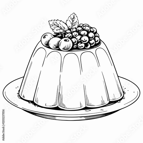 Black and white illustration of a jelly mold with berries