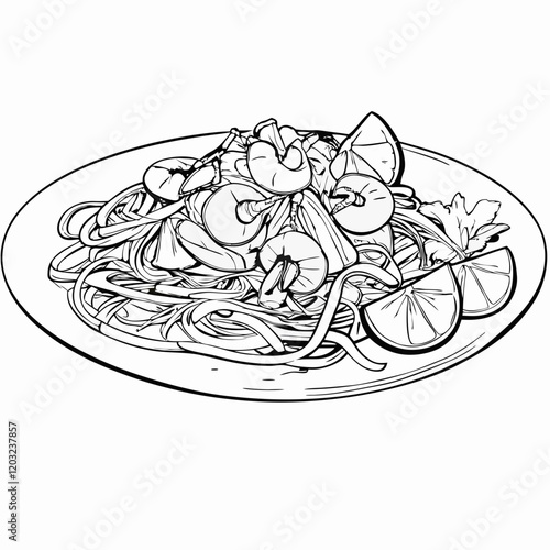 Black and white illustration of shrimp pasta with lime garnish
