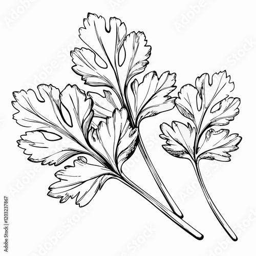 Black and white illustration of fresh cilantro leaves