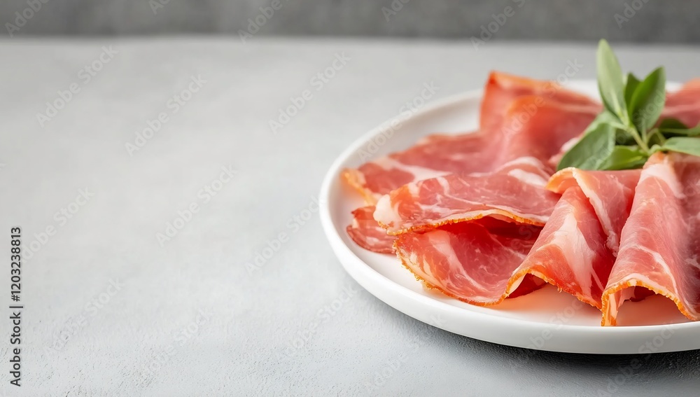 Slices of cured ham on plate, grey background. Food photography for menus, websites Slices of cured ham on plate, grey background. Food photography for menus, websites