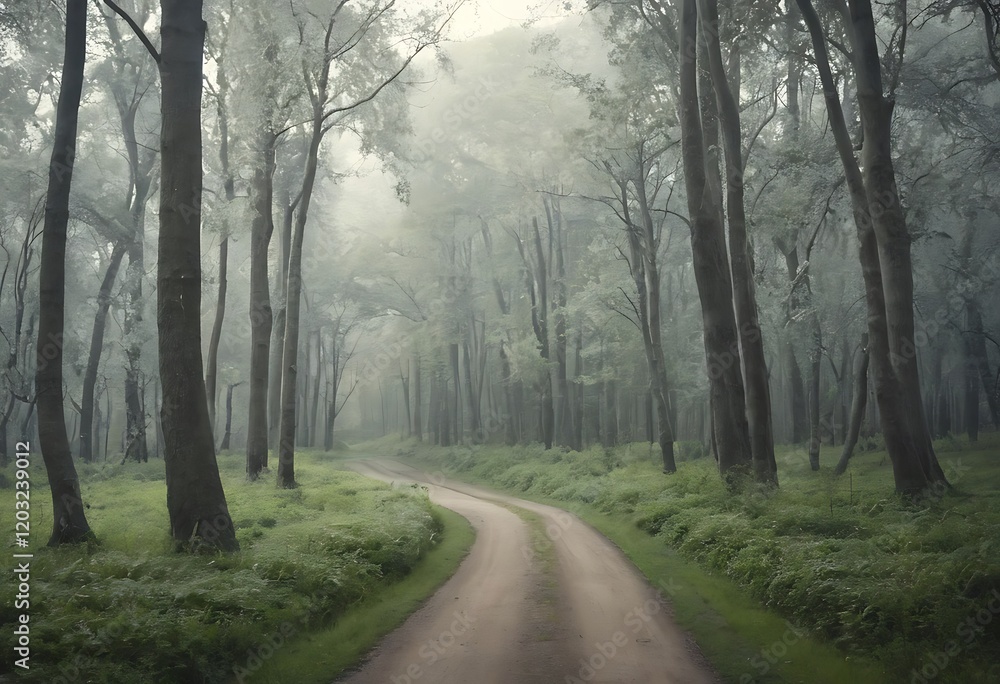 Serene Forest Path Winding Through Misty Woods. A picturesque dirt road meanders through a dense misty forest Serene Forest Path Winding Through Misty Woods. A picturesque dirt road meanders through a dense misty forest