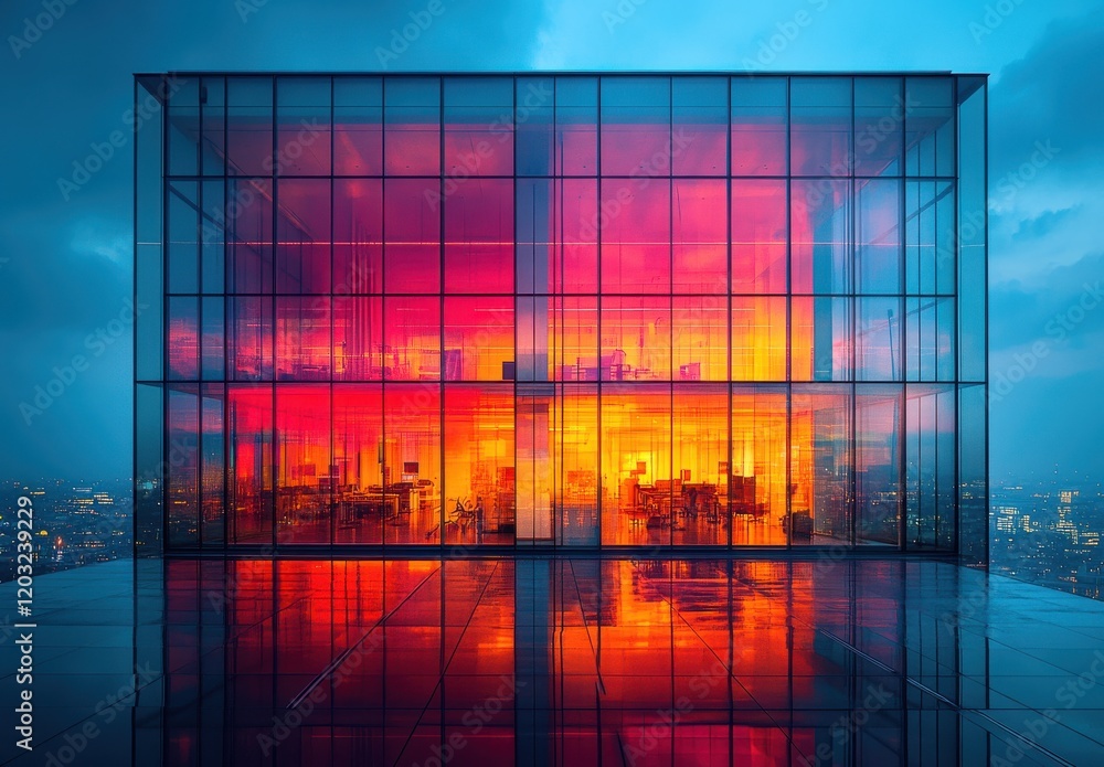 Modern Glass Building with Colorful Reflections at Dusk, Showcasing Interior Lighting Against a Dramatic Urban Skyline Background Modern Glass Building with Colorful Reflections at Dusk, Showcasing Interior Lighting Against a Dramatic Urban Skyline Background