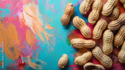 A vibrantly painted background with dried peanuts is featured in a copy space image, Generative Ai.