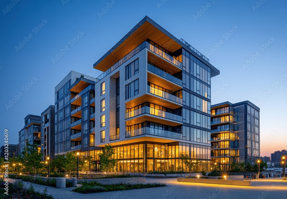 Fototapeta premium Modern Residential Complex Exterior at Dusk with Stylish Architecture and Vibrant Warm Lights Casting a Cozy Glow, Urban Living and Contemporary Design Concept