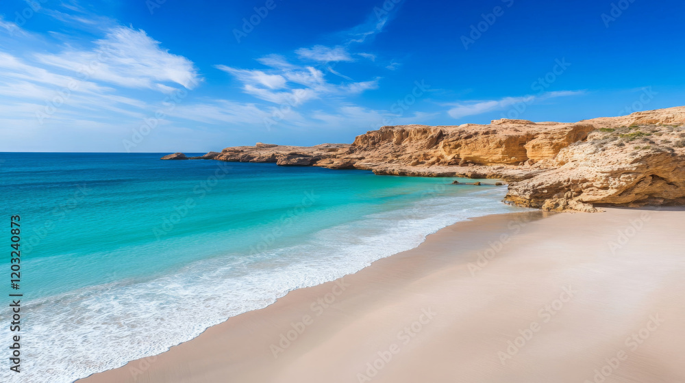 secluded beach with soft white sand and crystal clear turquoise water, surrounded by rocky cliffs under bright blue sky. This tranquil setting invites relaxation and exploration secluded beach with soft white sand and crystal clear turquoise water, surrounded by rocky cliffs under bright blue sky. This tranquil setting invites relaxation and exploration