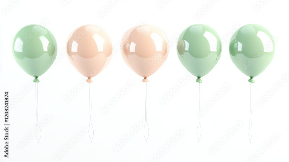 A set of pastel green and peach balloons floating gently, rendered in a 3D minimalistic style, on white A set of pastel green and peach balloons floating gently, rendered in a 3D minimalistic style, on white