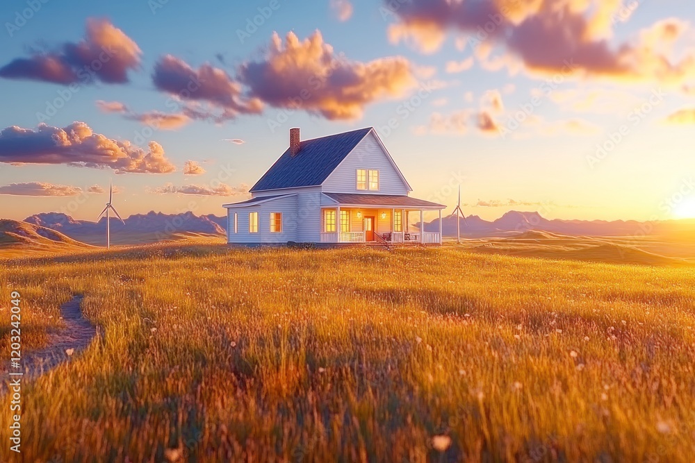 Renewable Energy Source: Wind Turbines in Scenic Rural Landscape at Sunset Renewable Energy Source: Wind Turbines in Scenic Rural Landscape at Sunset
