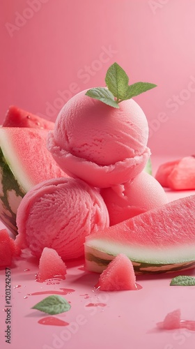 Refreshing Watermelon Ice Cream Scoops with Slices photo