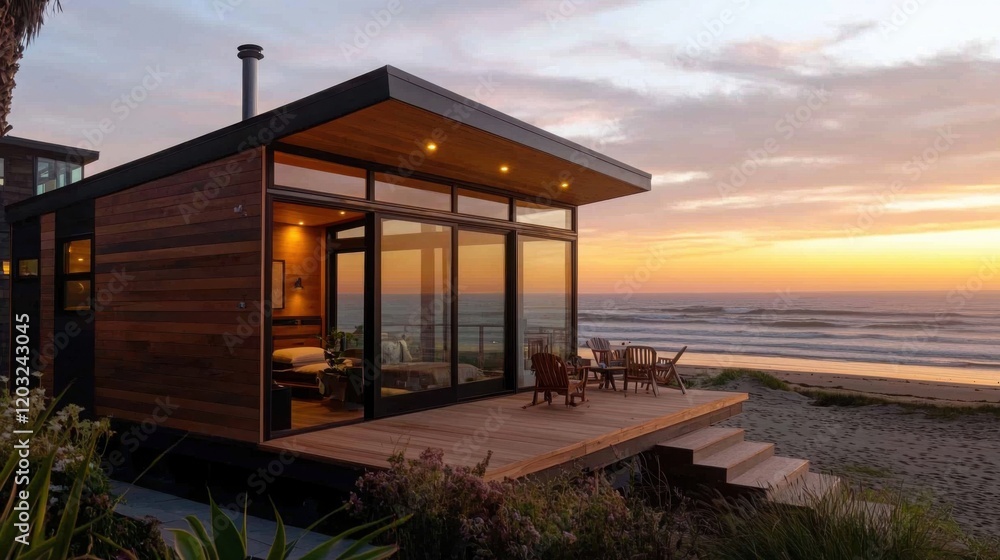 A modern beachfront cabin with large glass windows, wooden accents, and a cozy deck, set against a vibrant sunset over the ocean. A modern beachfront cabin with large glass windows, wooden accents, and a cozy deck, set against a vibrant sunset over the ocean.