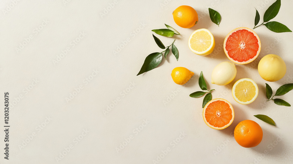 Fresh citrus fruits arranged with leaves, showcasing vibrant colors and textures. This assortment includes oranges, lemons, and grapefruits, perfect for healthy lifestyle Fresh citrus fruits arranged with leaves, showcasing vibrant colors and textures. This assortment includes oranges, lemons, and grapefruits, perfect for healthy lifestyle