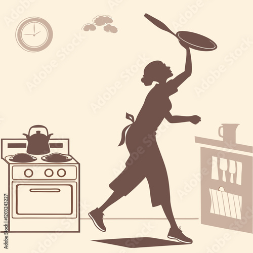 A silhouette of a person flipping pancakes in a frying pan