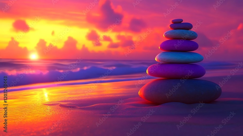 Beautiful scene of sunset on the beach with colour ful stones Beautiful scene of sunset on the beach with colour ful stones