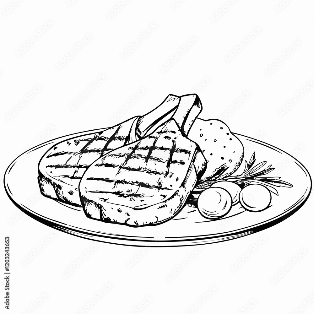 Grilled pork chops with sides illustration in sketch style