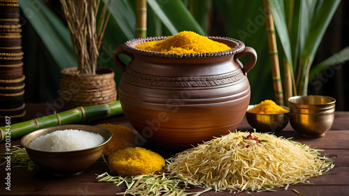 Adorned Pongal pot encircled by sugarcane and festive decor celebrating south Indian harvest traditions photo