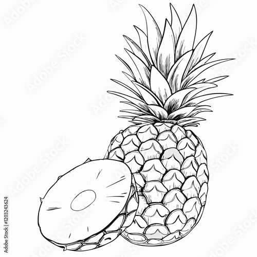 Pineapple with sliced piece, black and white sketch