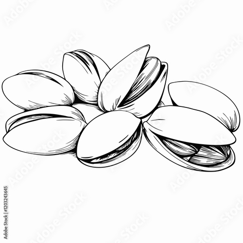 Black and white illustration of pistachios in their shells