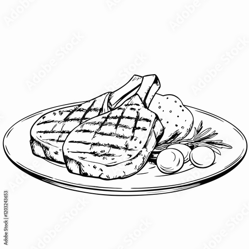 Obraz na płótnie Grilled pork chops with sides illustration in sketch style w salonie