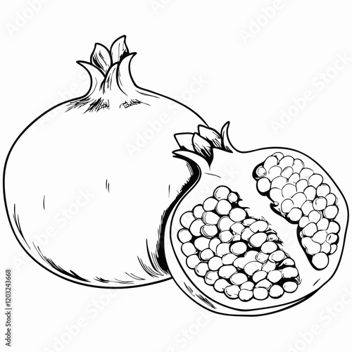  Whole and sliced pomegranate, black and white sketch