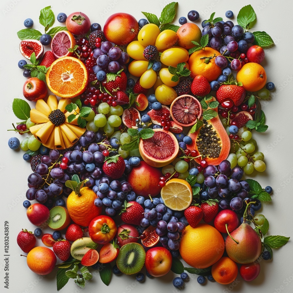 Design a visually striking front view featuring an assortment of fruits that vividly embody the essence of earth, seamlessly integrating the elements Design a visually striking front view featuring an assortment of fruits that vividly embody the essence of earth, seamlessly integrating the elements