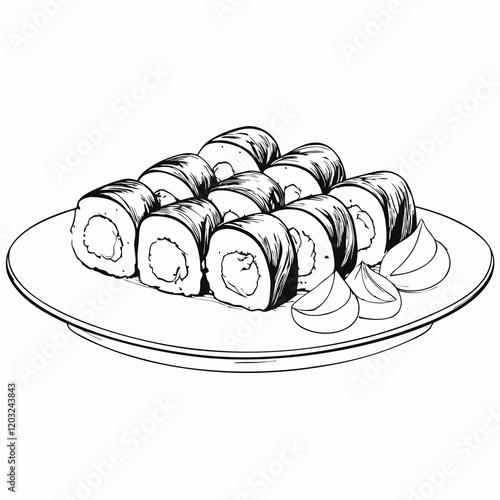 Sushi rolls with wasabi on plate, black and white sketch