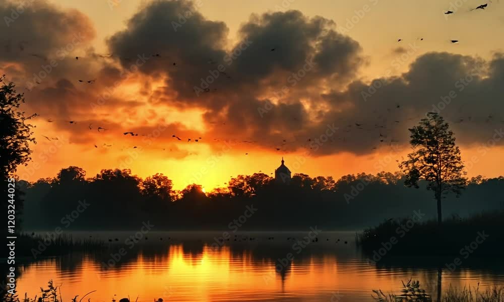Fiery Sunset over Calm Lake with Silhouetted Birds and Distant Structure Fiery Sunset over Calm Lake with Silhouetted Birds and Distant Structure