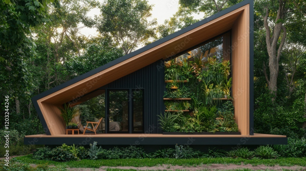 A modern architectural gem nestled in lush greenery, showcasing a unique angular design and vibrant plant life. A modern architectural gem nestled in lush greenery, showcasing a unique angular design and vibrant plant life.